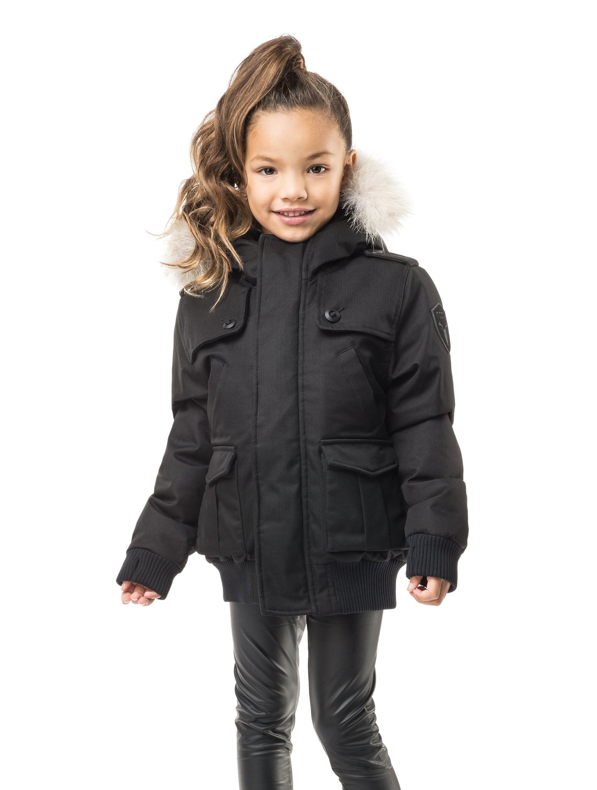 Kid's waist length down bomber jacket with fur trim hood in CH Black