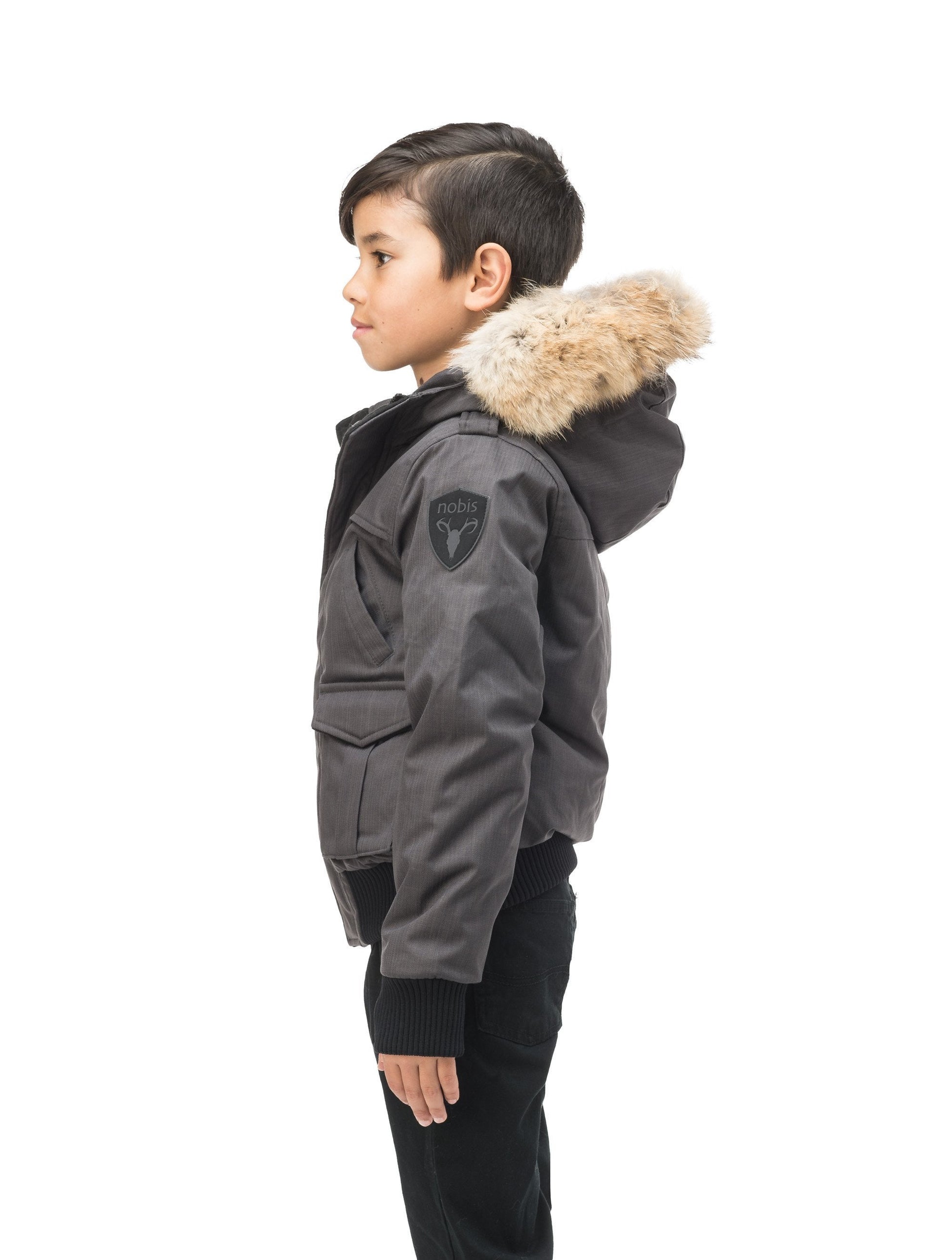 Kid's waist length down bomber jacket with fur trim hood in CH Steel Grey