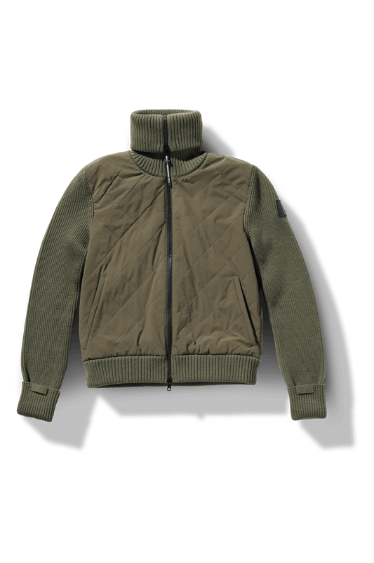 Ada Ladies Quilted Full Zip Sweater in hip length, PrimaLoft Gold Insulation Active+, Durable 4-Way Stretch Weave quilted torso, Merino wool knit collar, sleeves, back, and cuffs, two-way front zipper, and hidden waist pockets, in Fatigue + Fatigue