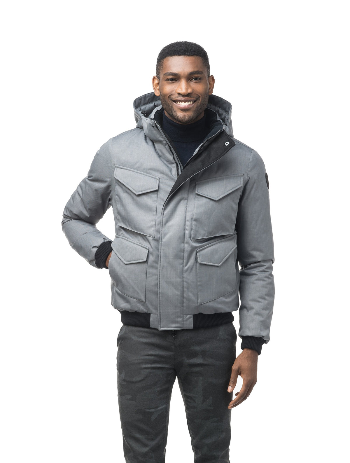 Men's waist length bomber with four huge pockets on the front in Concrete