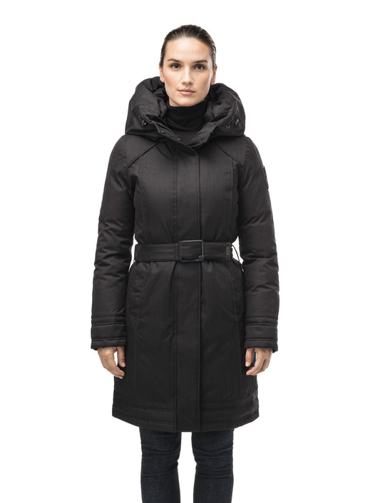Women's Thigh length own parka with a furless oversized hood in CH Black + CH Black