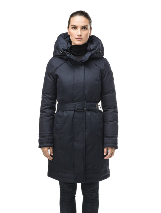 Women's Thigh length own parka with a furless oversized hood in CH Navy + CH Navy