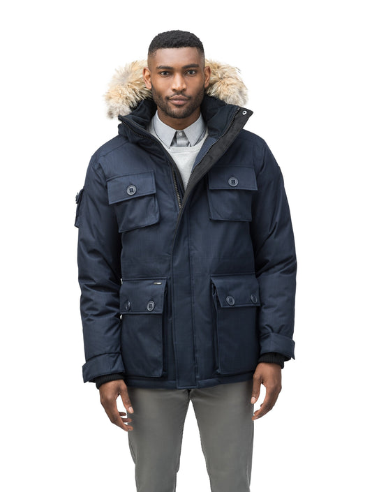 Men's down filled parka with four patch pockets and an adjustable waist with removable hood and removable fur trim in CH Navy + CH Navy