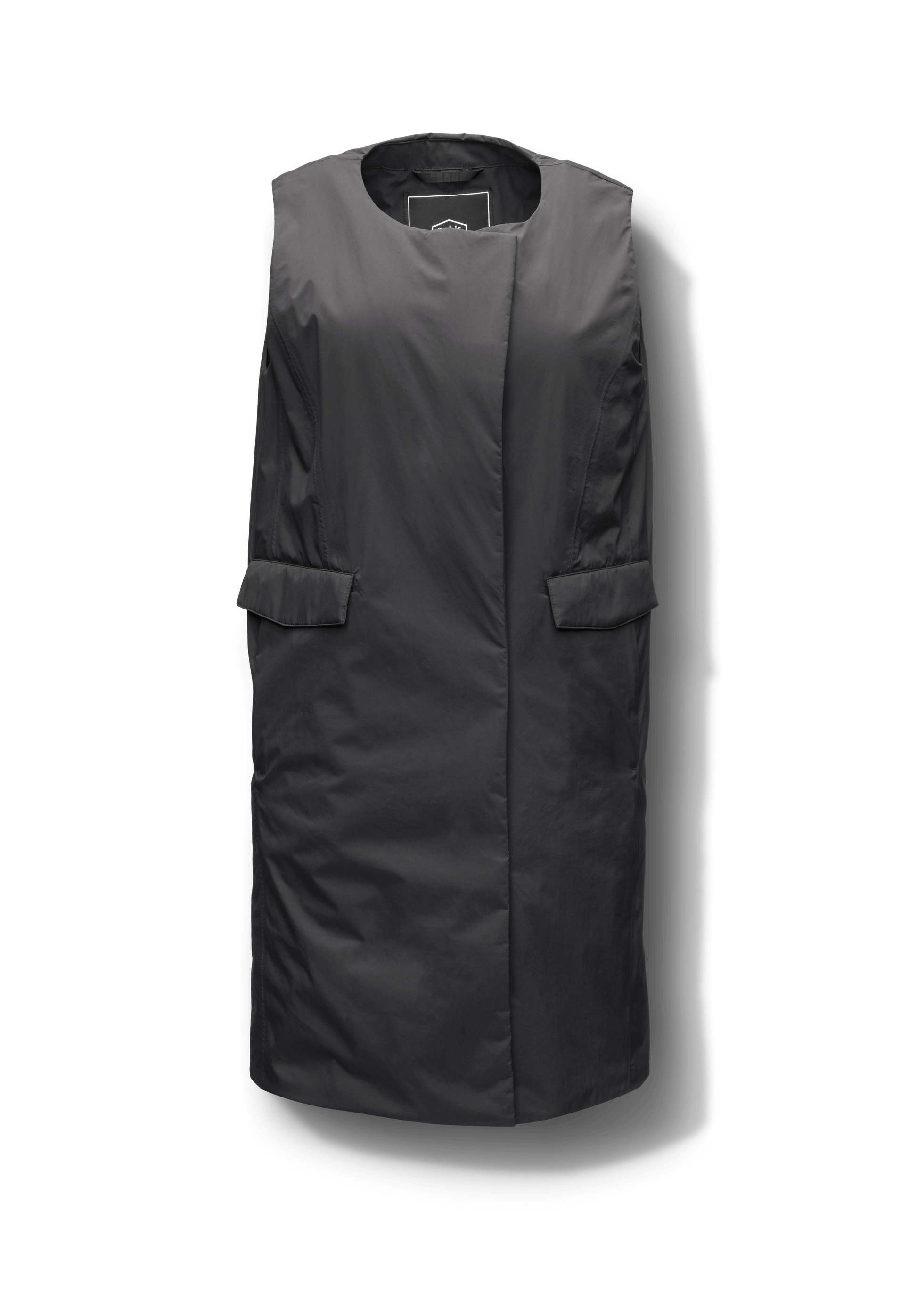 Brexton Women's Tailored Long Mid Layer Vest in knee length, centre front wind flap, flap closure waist pocket with additional side entry storage, single vent on back bottom hem, in Black