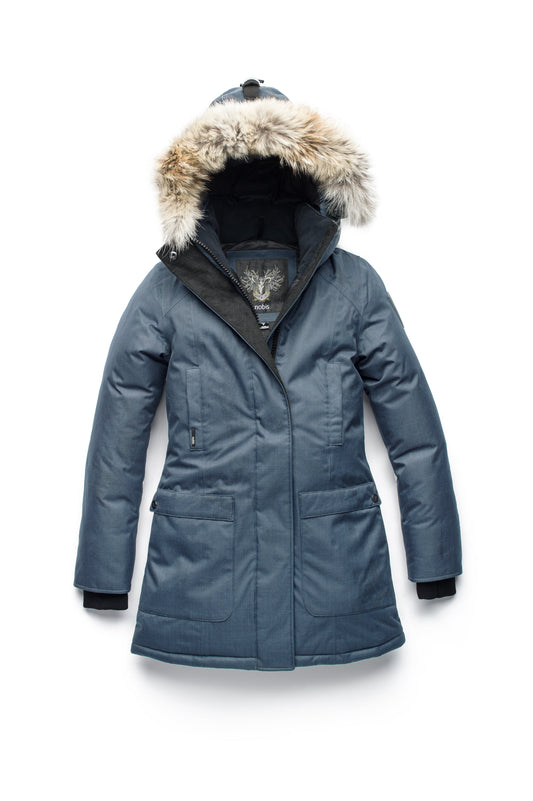 Women's down filled parka that sits just below the hip with a clean look and two hip patch pockets in CH Balsam + CH Balsam