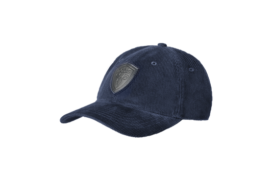 Carter Unisex Tailored Ball Cap in 100% cotton corduroy, unstructured crown, curved brim, and leather strap back with metal buckle closure, in Navy + Navy