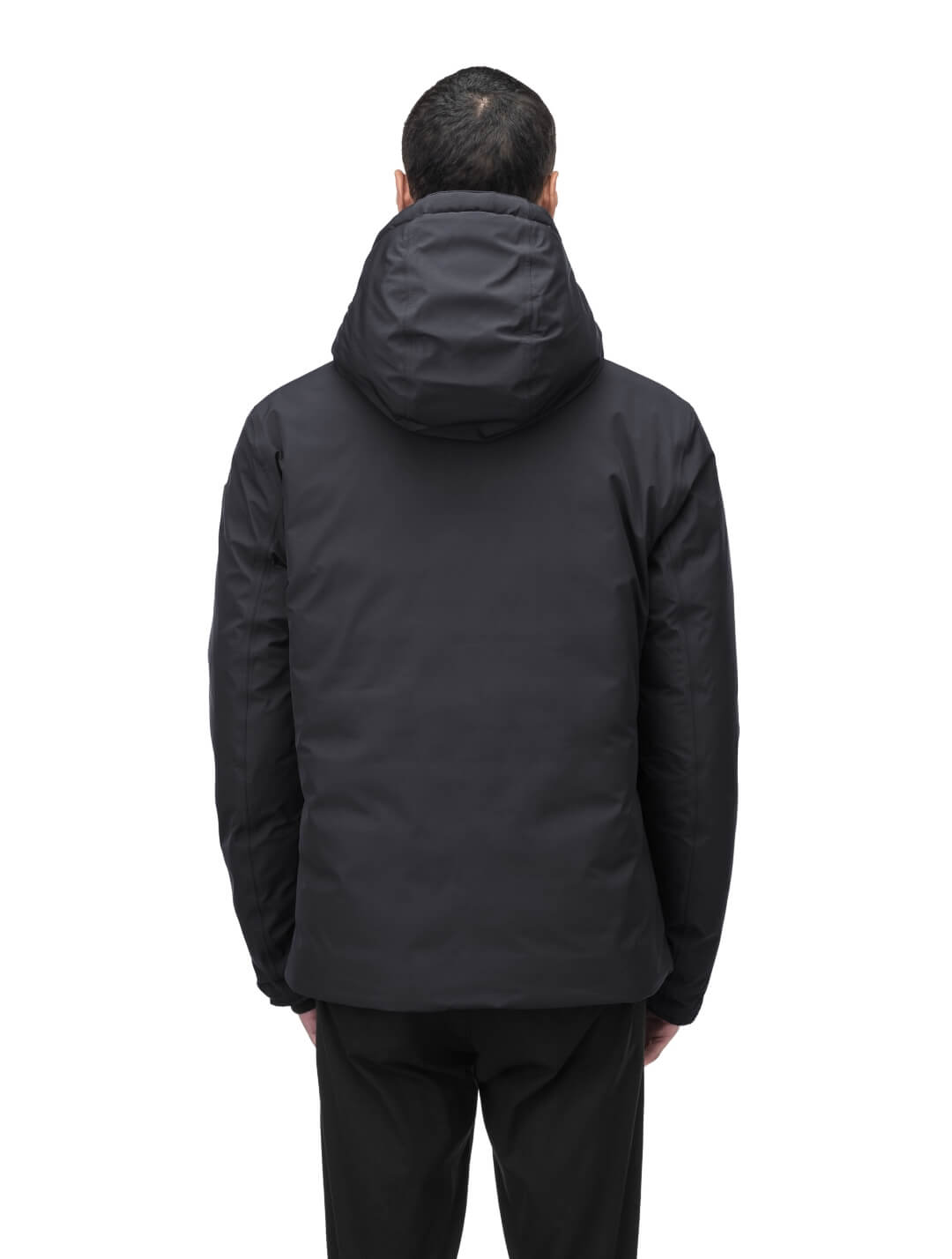 Chris Men's Mid Weight Reversible Puffer Jacket in hip length, Canadian duck down insulation, non-removable adjustable hood, ribbed cuffs, and quilted body on reversible side, in Black