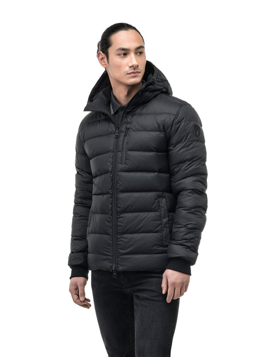 Chris Men's Mid Weight Reversible Puffer Jacket in hip length, Canadian duck down insulation, non-removable adjustable hood, ribbed cuffs, and quilted body on reversible side, in Black + Black