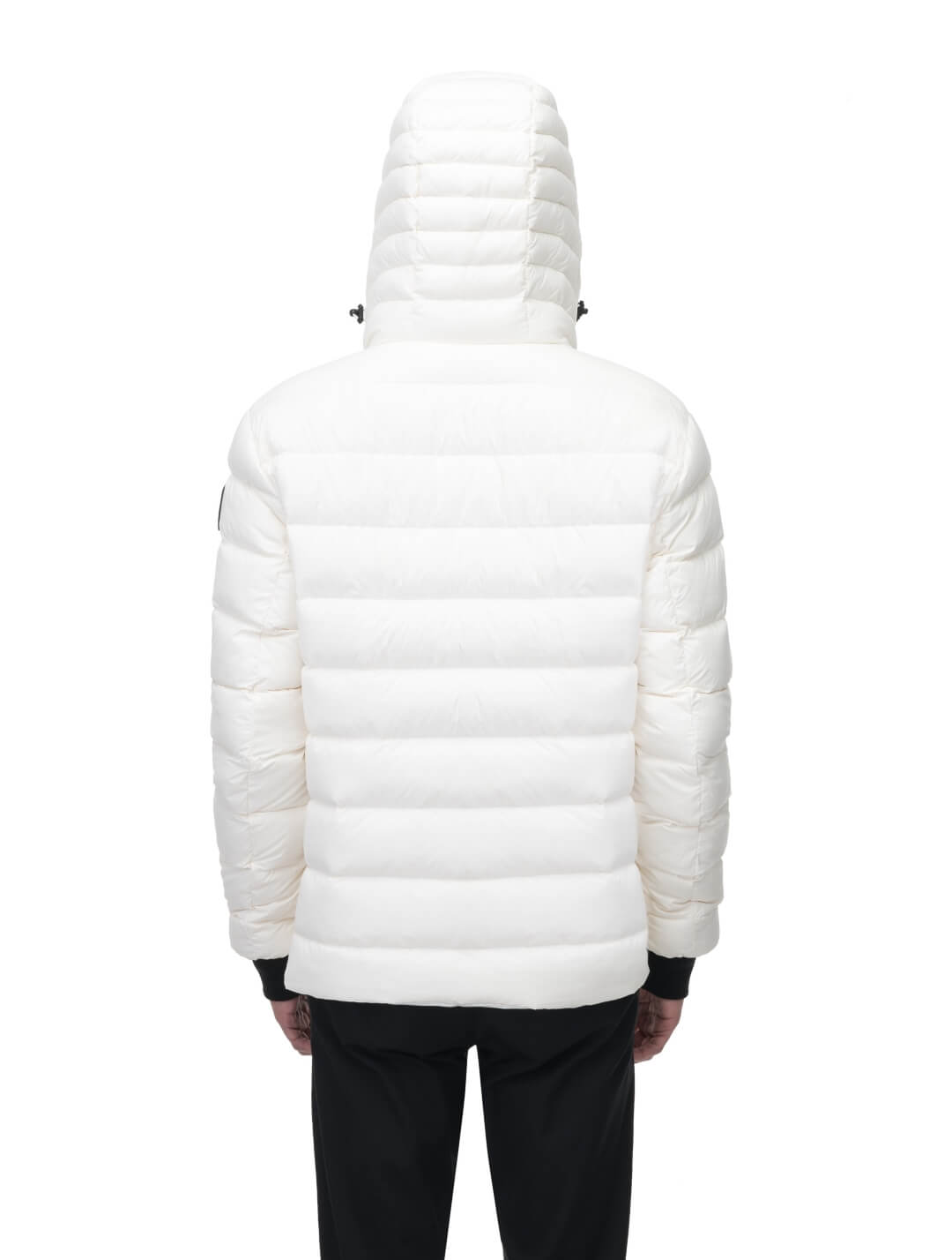 Chris Men's Mid Weight Reversible Puffer Jacket in hip length, Canadian duck down insulation, non-removable adjustable hood, ribbed cuffs, and quilted body on reversible side, in Chalk