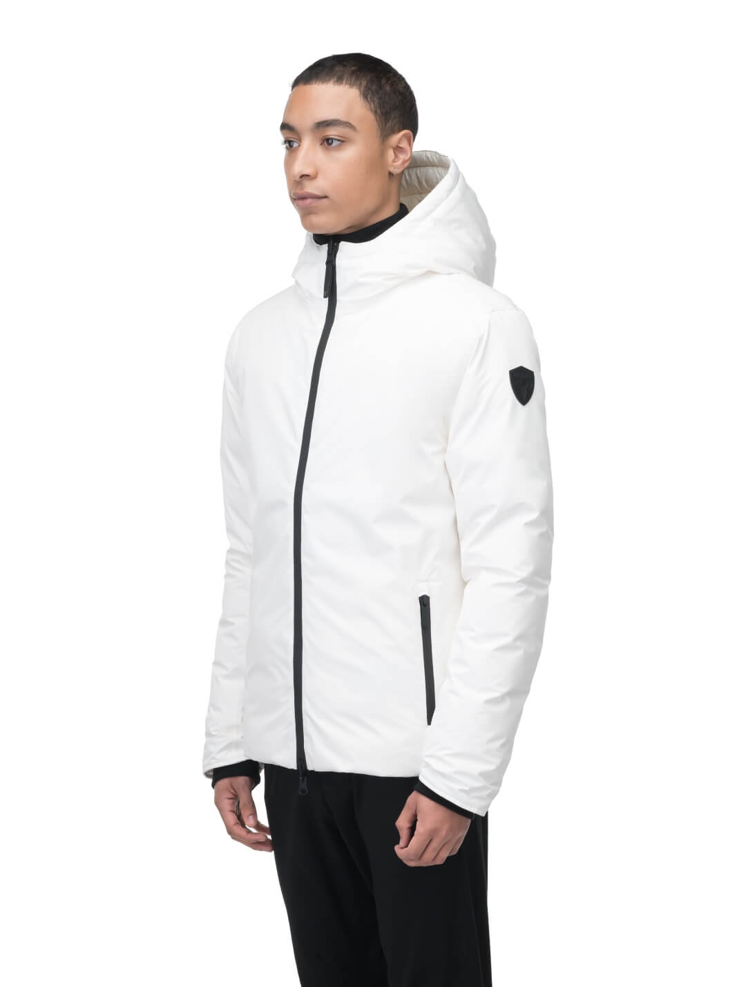 Chris Men's Mid Weight Reversible Puffer Jacket in hip length, Canadian duck down insulation, non-removable adjustable hood, ribbed cuffs, and quilted body on reversible side, in Chalk