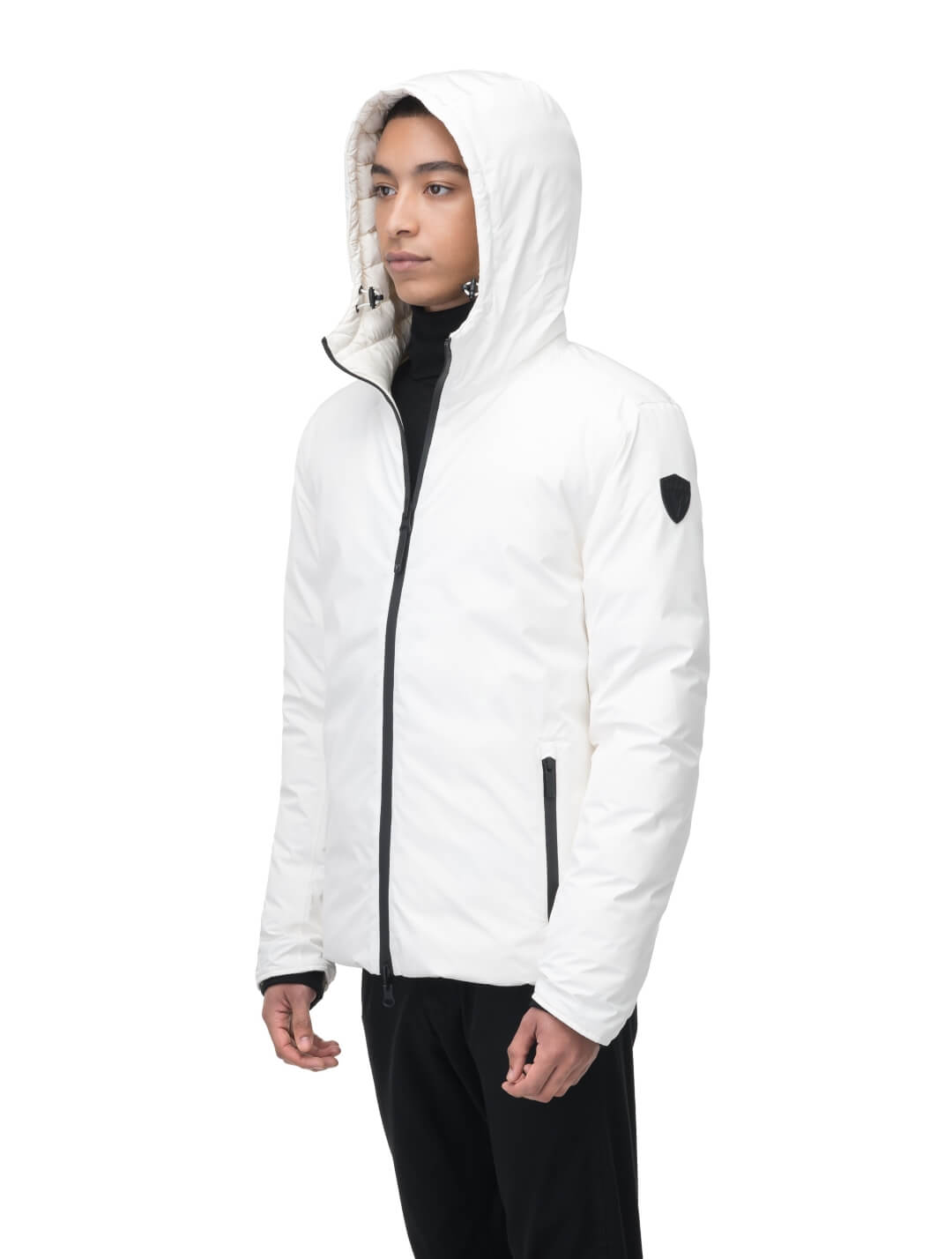 Chris Men's Mid Weight Reversible Puffer Jacket in hip length, Canadian duck down insulation, non-removable adjustable hood, ribbed cuffs, and quilted body on reversible side, in Chalk