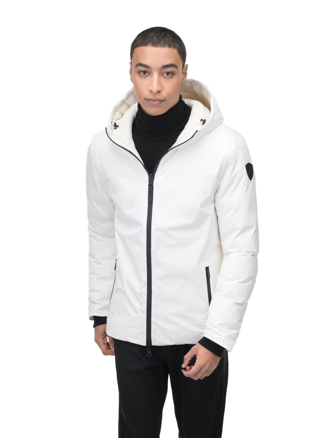 Chris Men's Mid Weight Reversible Puffer Jacket in hip length, Canadian duck down insulation, non-removable adjustable hood, ribbed cuffs, and quilted body on reversible side, in Chalk