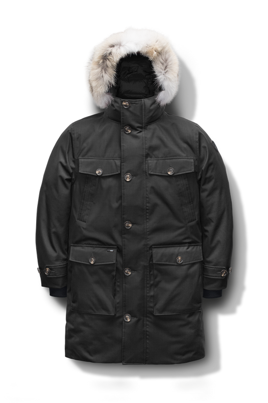 Citizen Men's Tailored Parka in knee length, Canadian duck down insulation, non-removable hood, and two-way zipper, in Black + Black