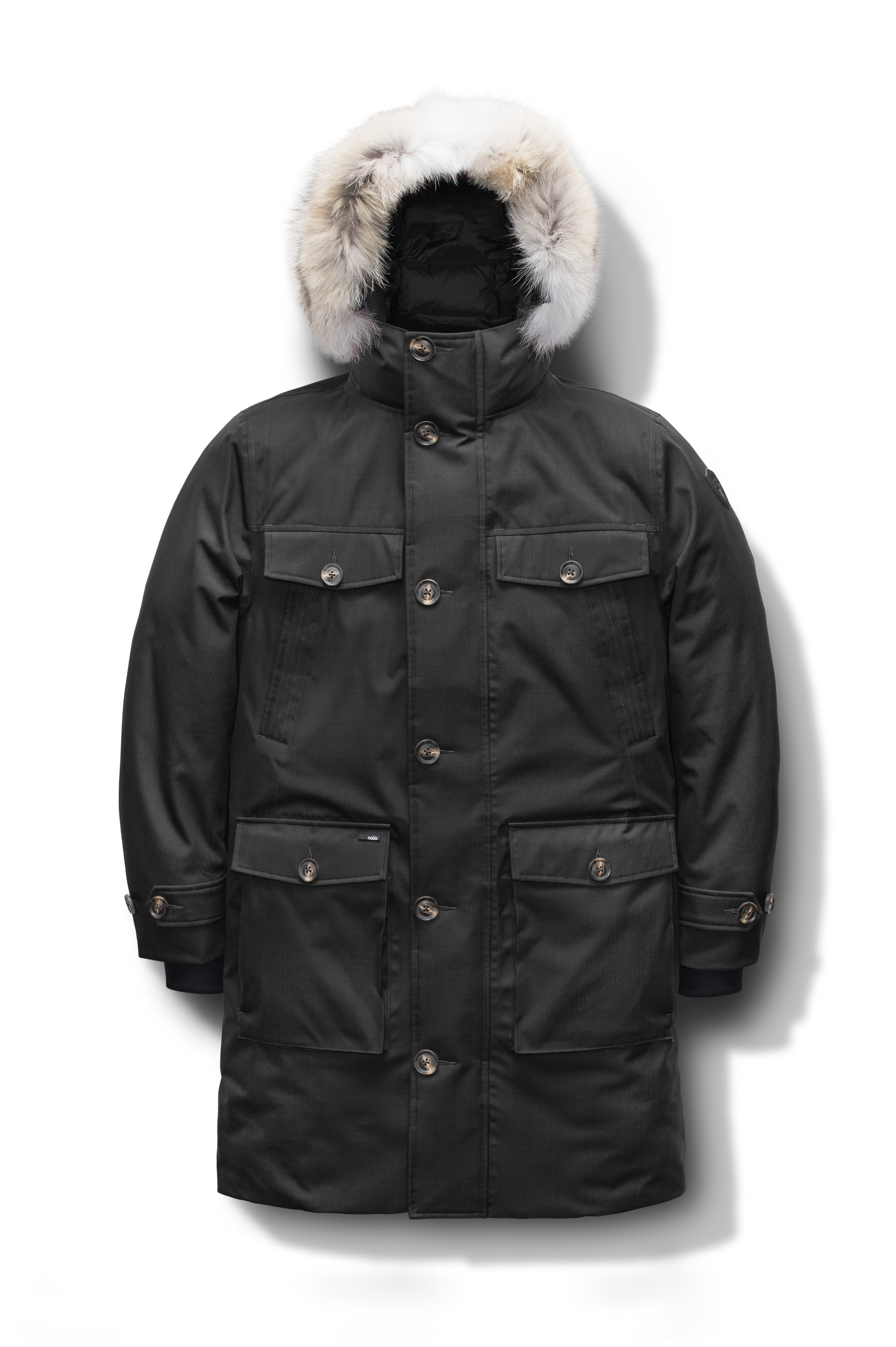 Citizen Men's Tailored Parka in knee length, Canadian duck down insulation, non-removable hood, and two-way zipper, in Black