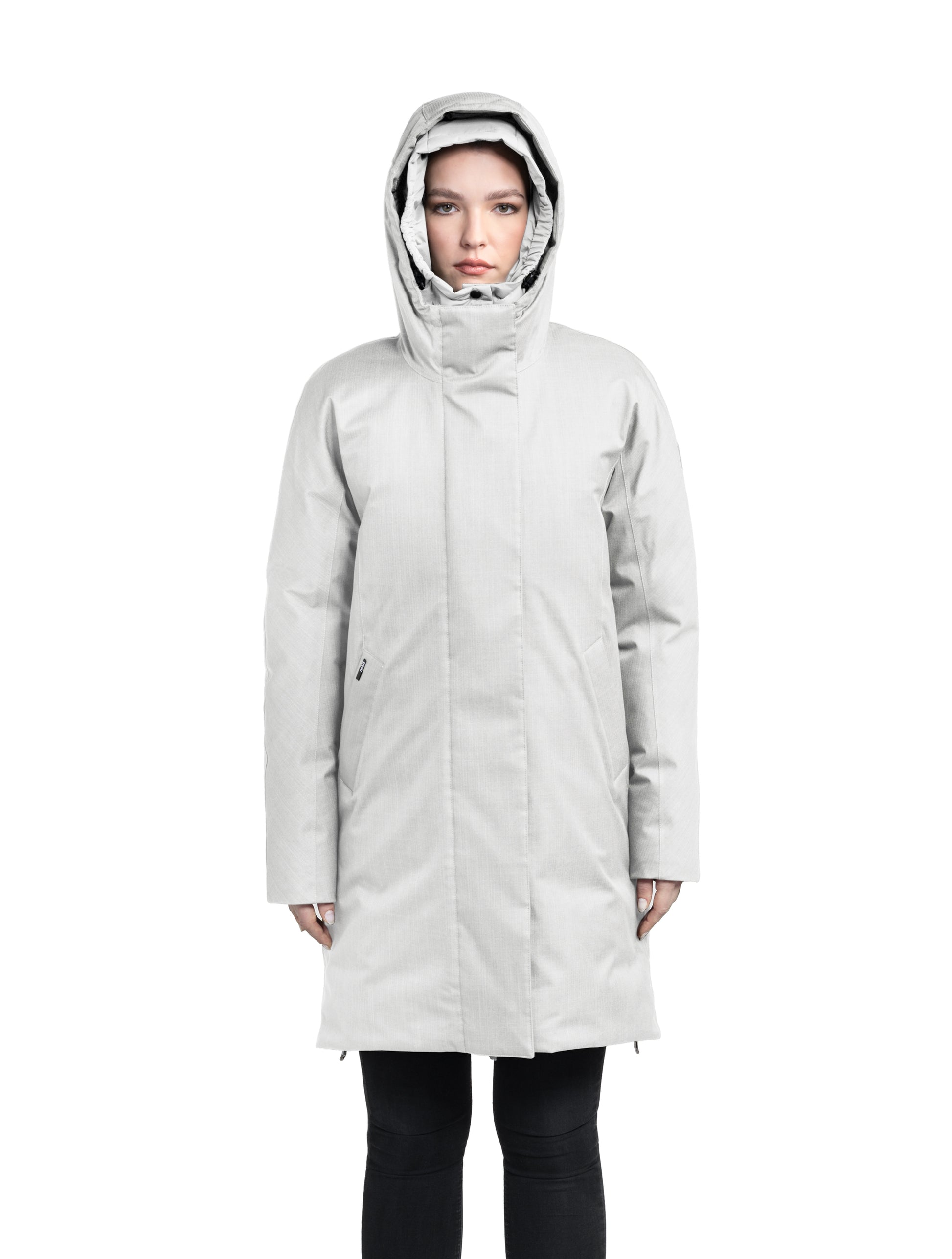 Dory Women's Tailored Back Zip Parka in knee length, premium Crosshatch fabrication, Premium Canadian White Duck Down insulation, non-removable down-filled hood, removable interior hood, centre front two-way zipper with wind flap, vertical zipper detailing along back, in Concrete