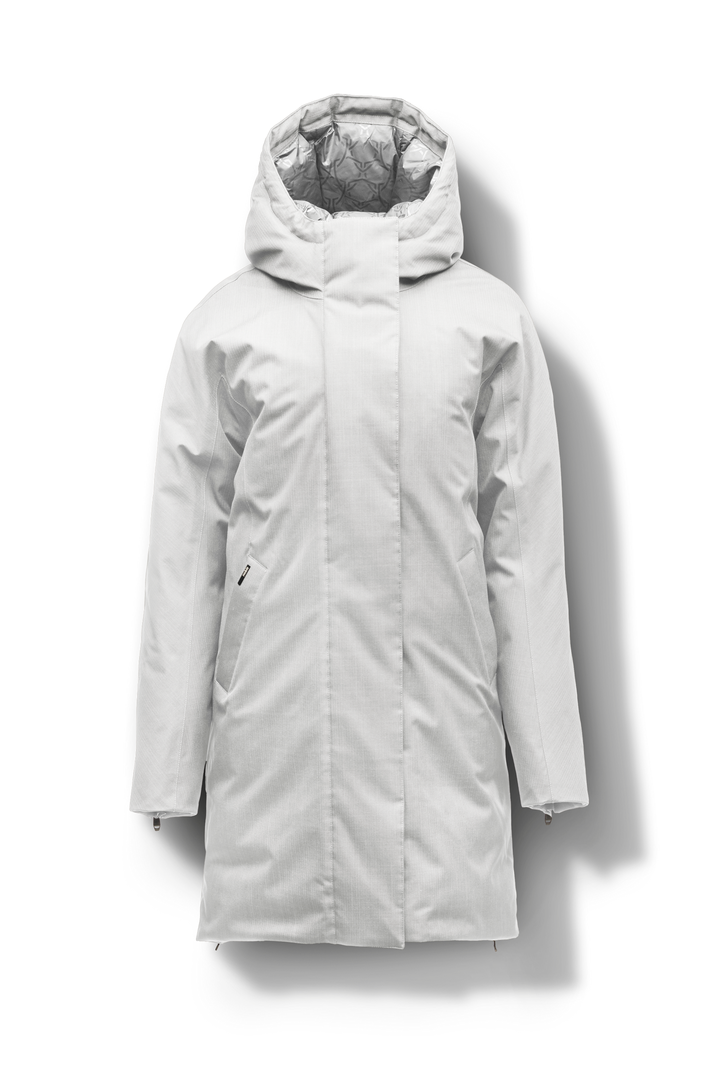 Dory Women's Tailored Back Zip Parka in knee length, premium Crosshatch fabrication, Premium Canadian White Duck Down insulation, non-removable down-filled hood, removable interior hood, centre front two-way zipper with wind flap, vertical zipper detailing along back, in Concrete