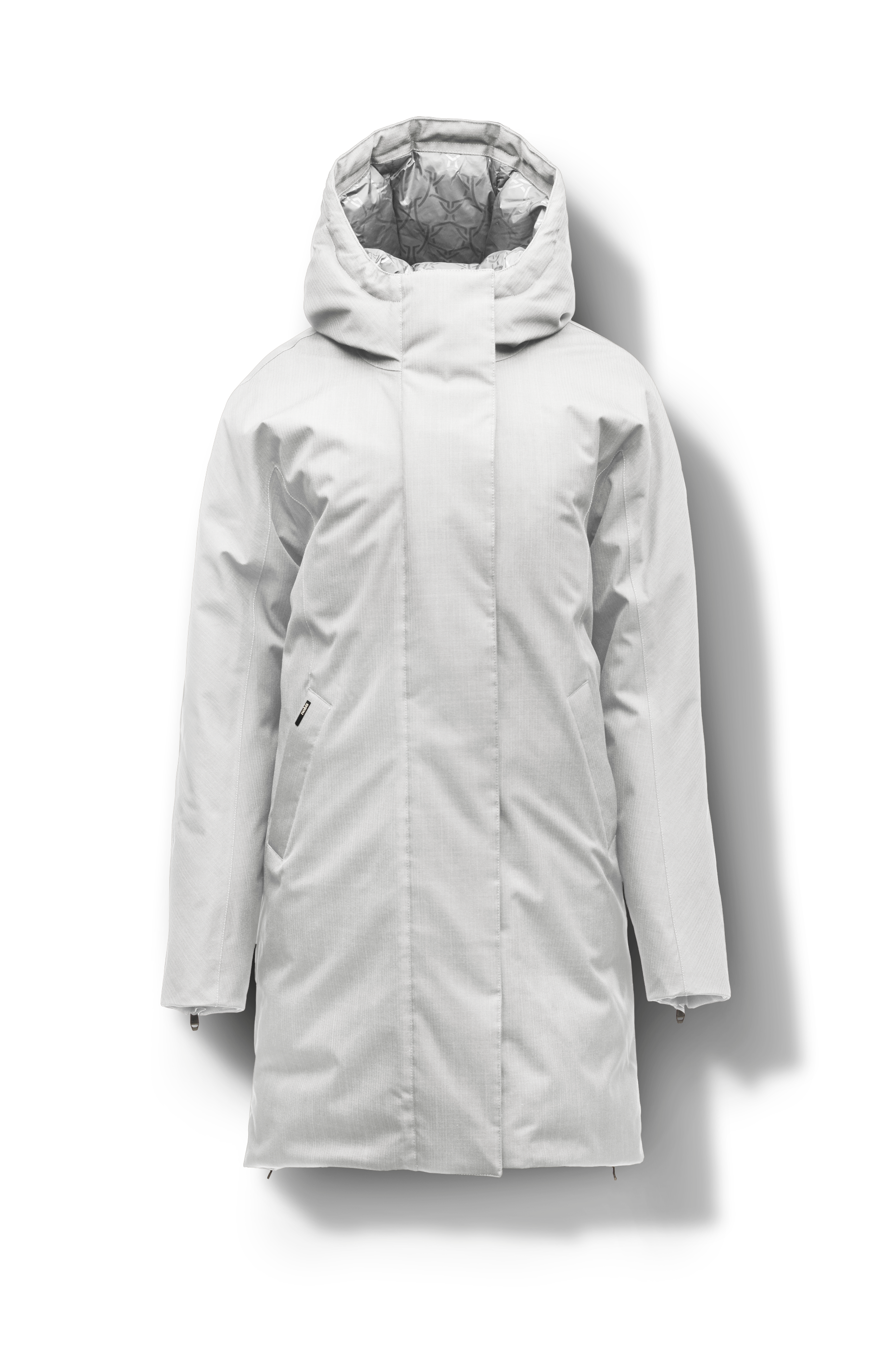 Dory Women's Tailored Back Zip Parka in knee length, premium Crosshatch fabrication, Premium Canadian White Duck Down insulation, non-removable down-filled hood, removable interior hood, centre front two-way zipper with wind flap, vertical zipper detailing along back, in Concrete