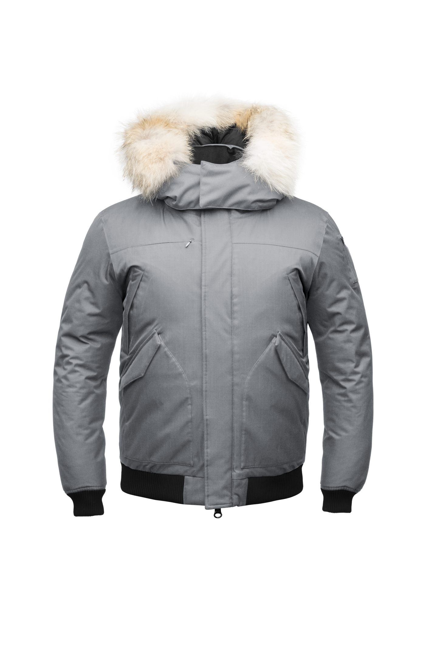 Men's classic down filled bomber jacket with a down filled hood that features a removable coyote fur trim and concealed moldable framing wire in Concrete