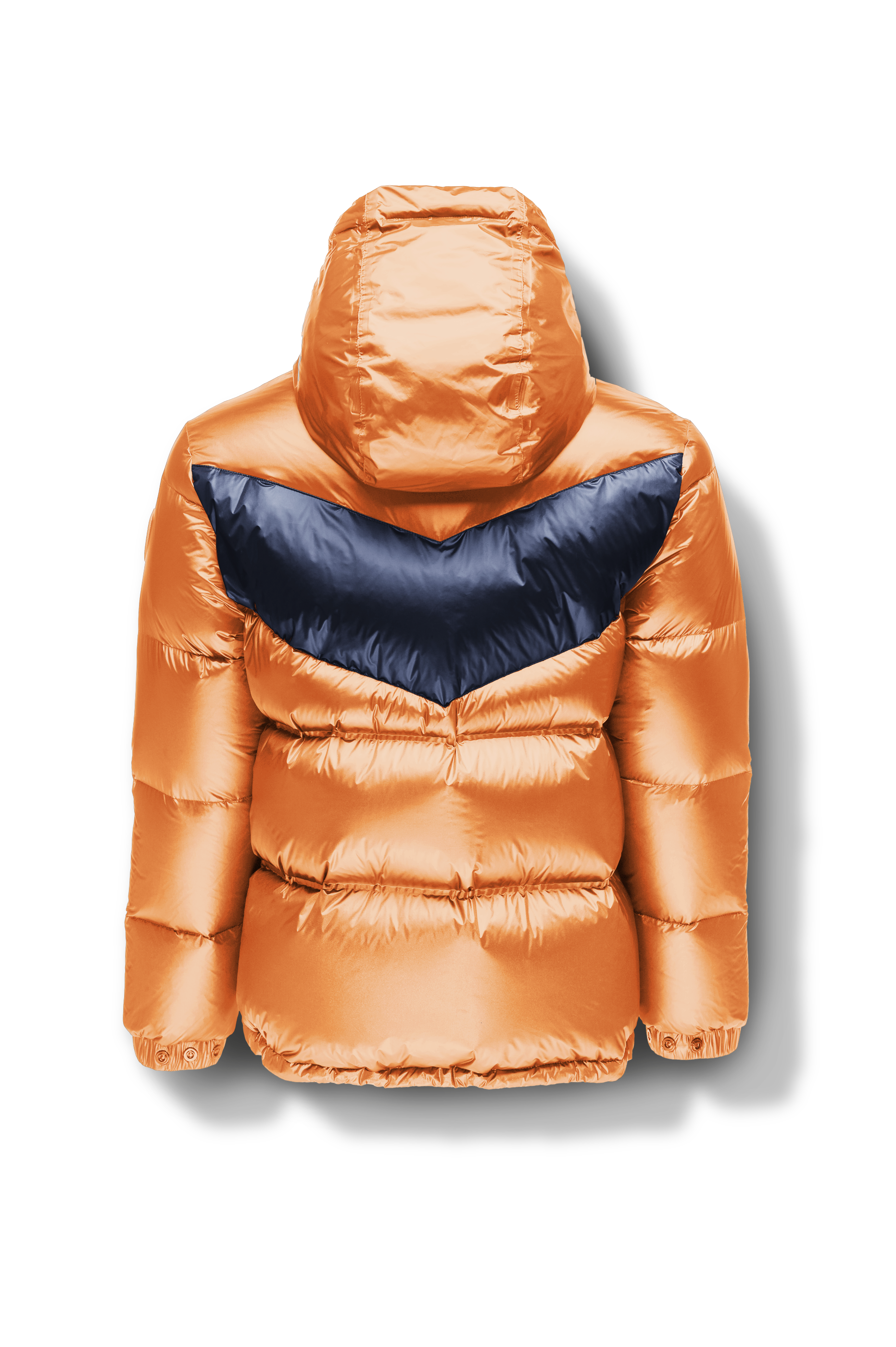 Dyna Men's Chevron Quilted Puffer Jacket in hip length, premium cire technical nylon taffeta fabrication, Premium Canadian origin White Duck Down insulation, non-removable down-filled hood, two-way centre-front zipper, fleece-lined zipper pockets at waist, pit zipper vents, in Burnt Orange