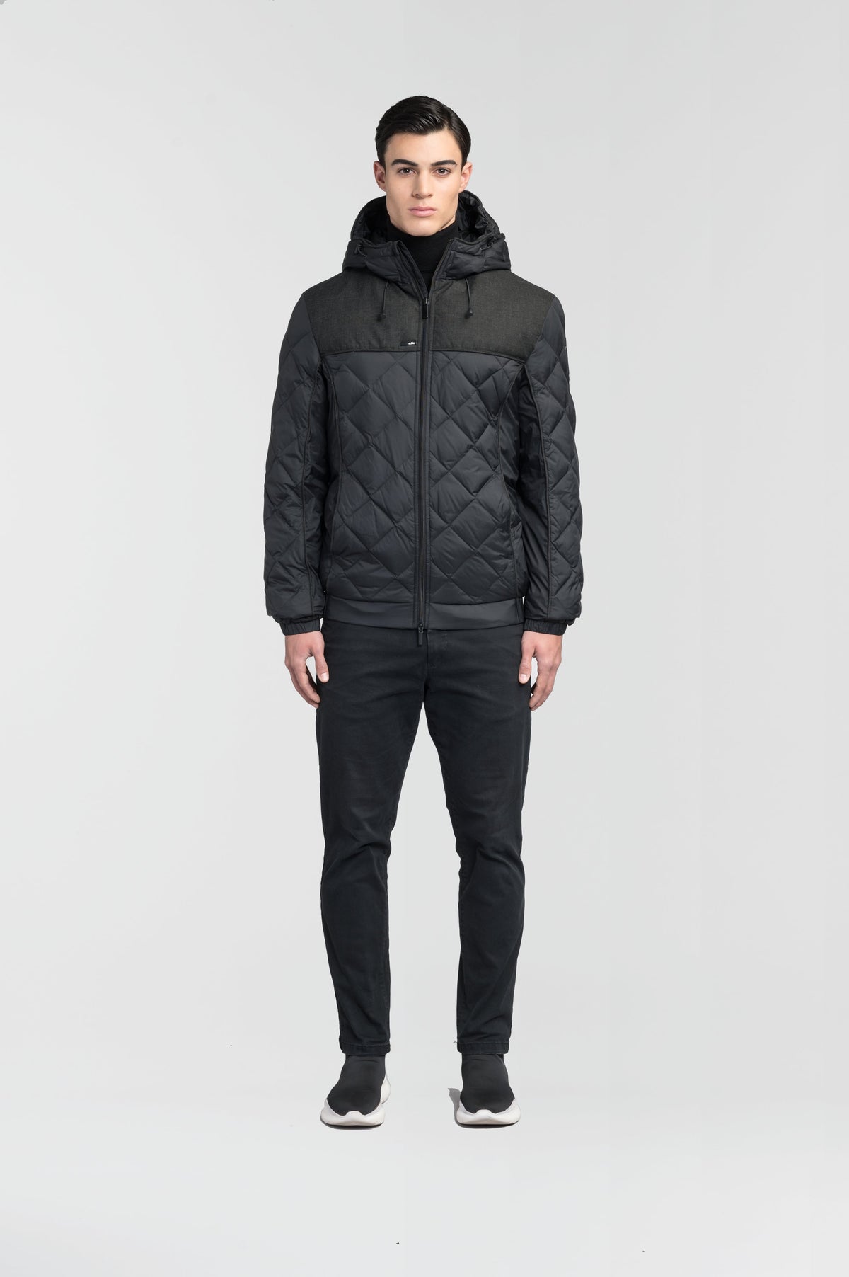 Men's lightweight quilted down hoodie in Black/H. Black
