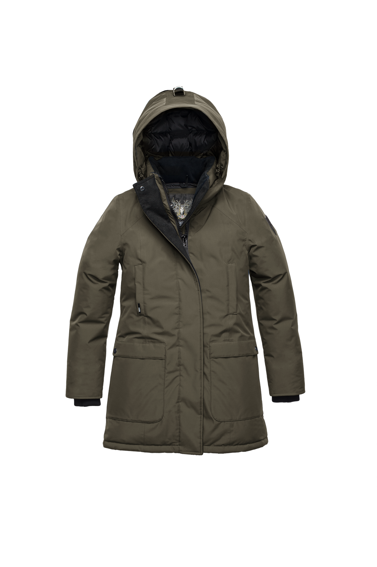 Women's hip length parka down-filled parka with a fur free hood in Fatigue