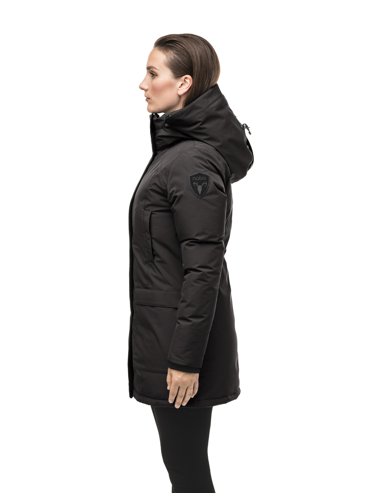 Women's hip length parka down-filled parka with a fur free hood in Black
