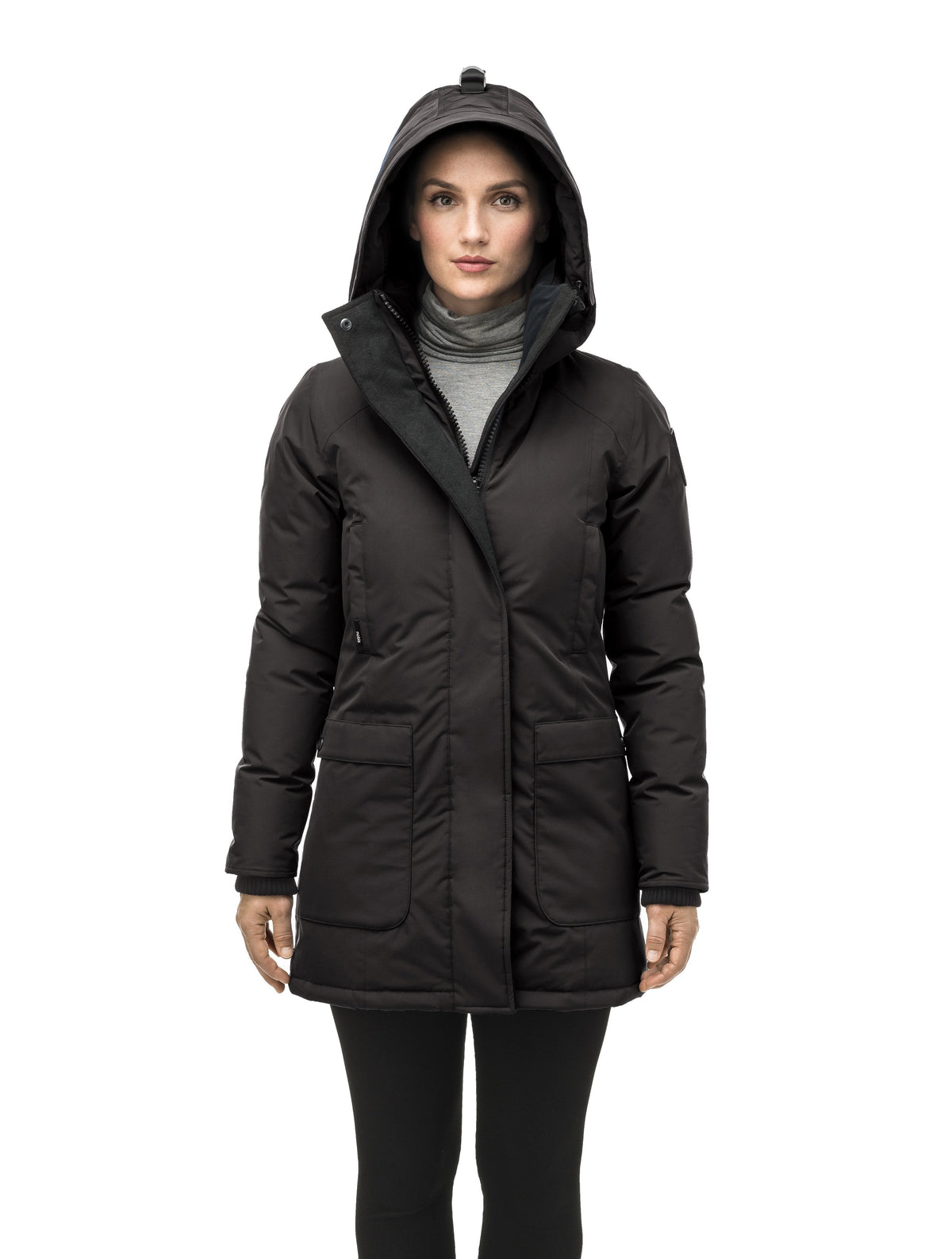 Women's hip length parka down-filled parka with a fur free hood in Black