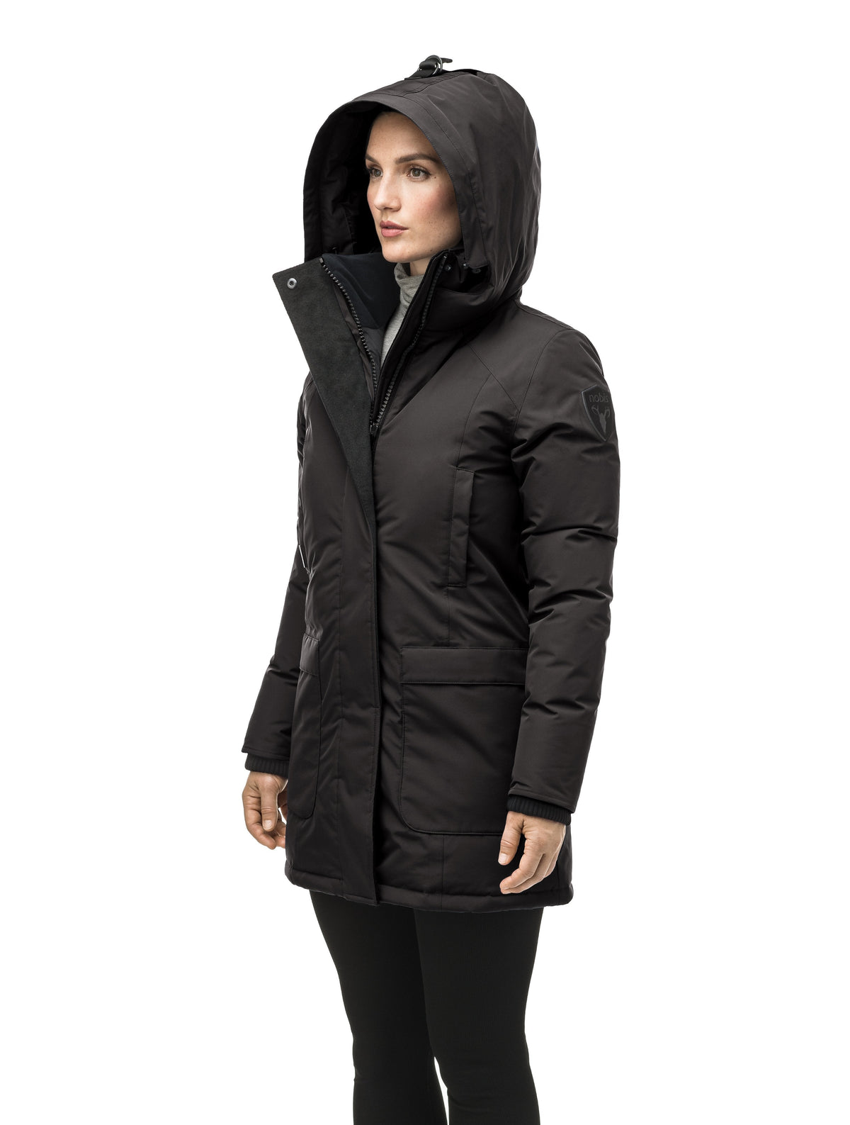 Women's hip length parka down-filled parka with a fur free hood in Black