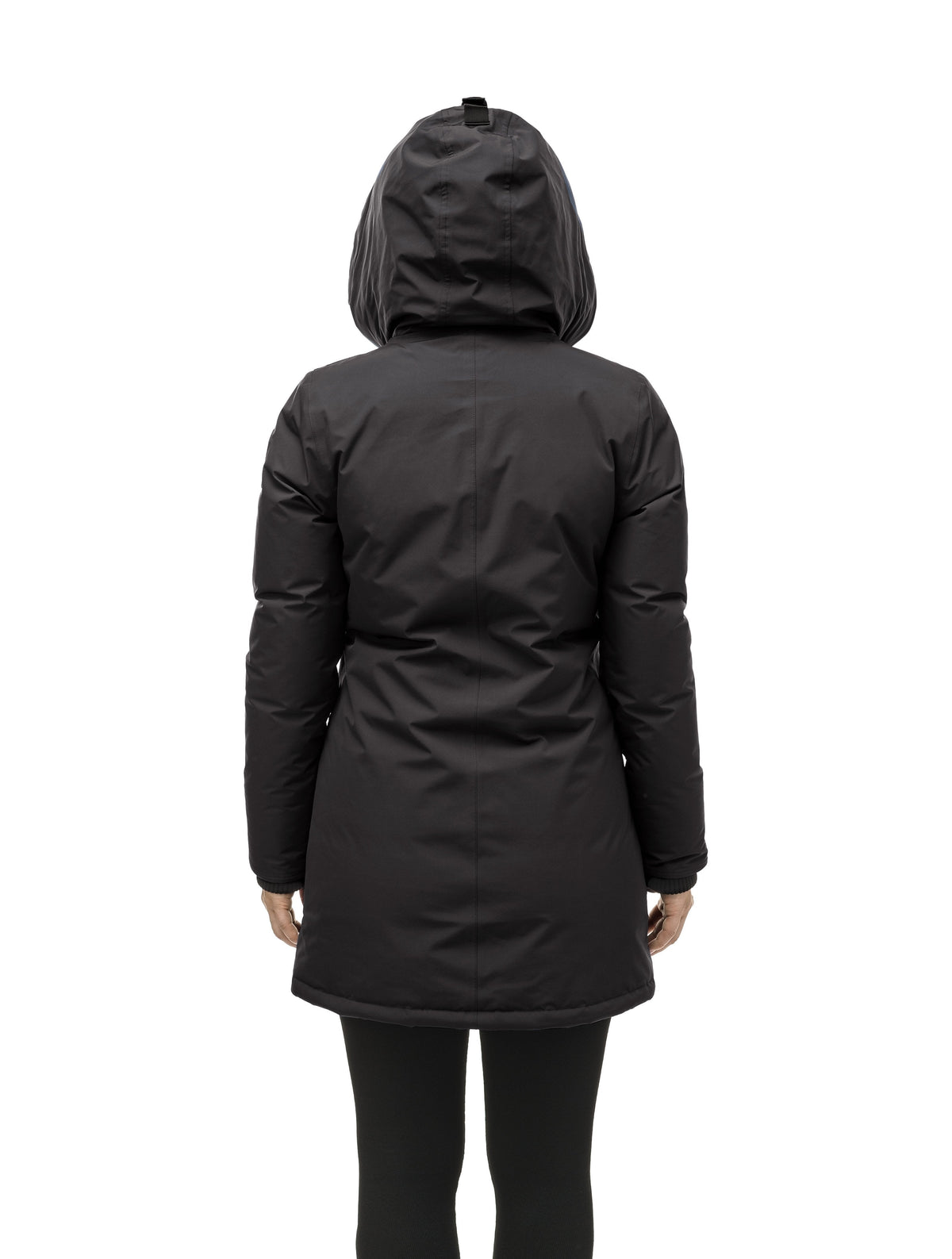 Women's hip length parka down-filled parka with a fur free hood in Black