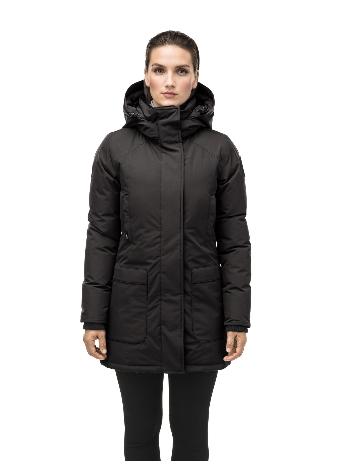 Women's hip length parka down-filled parka with a fur free hood in Black