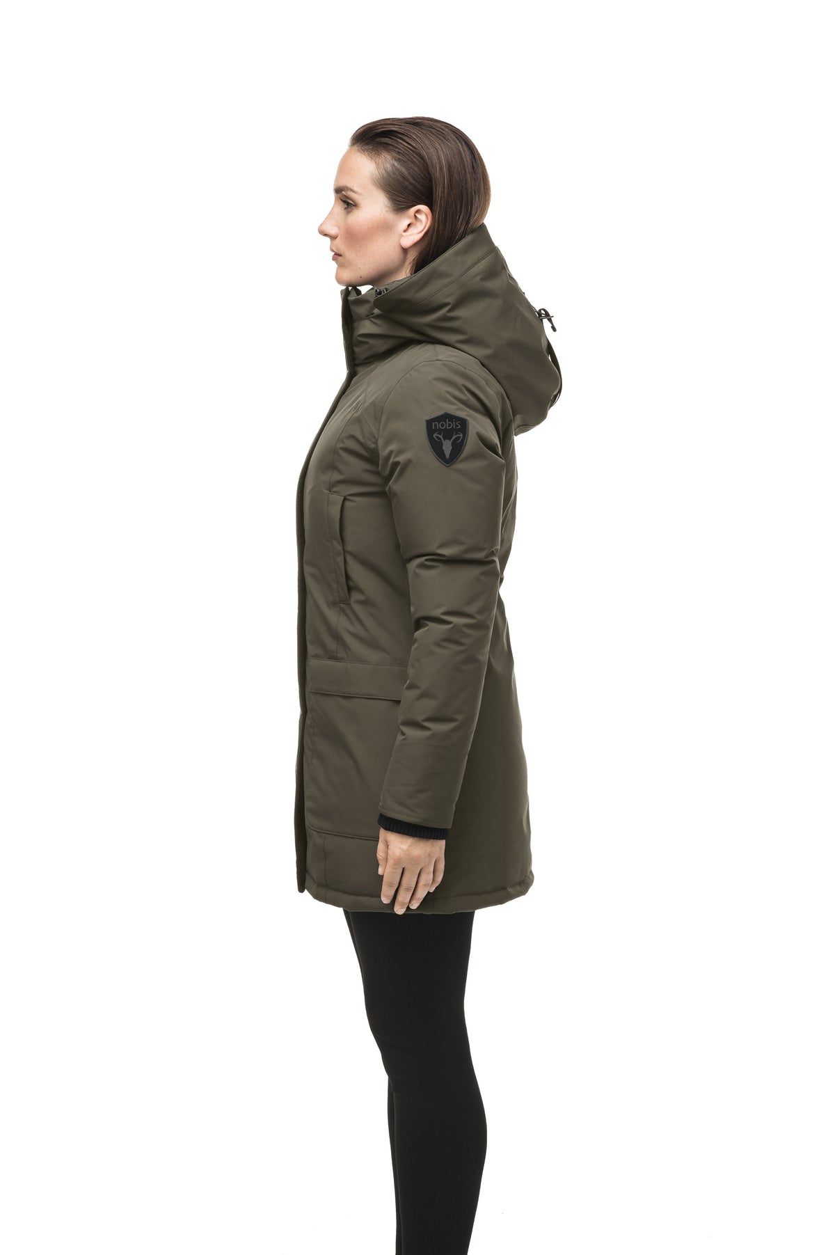 Women's hip length parka down-filled parka with a fur free hood in Fatigue