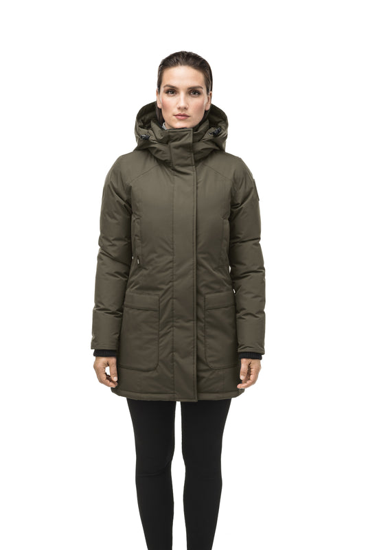 Women's hip length parka down-filled parka with a fur free hood in Fatigue + Fatigue