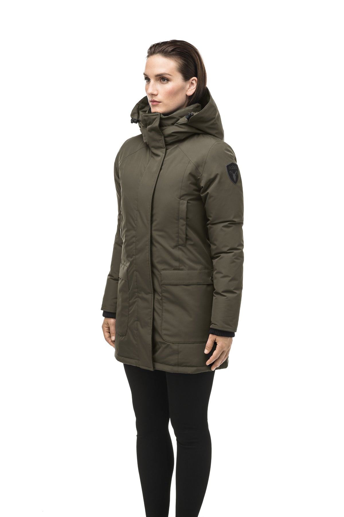 Women's hip length parka down-filled parka with a fur free hood in Fatigue