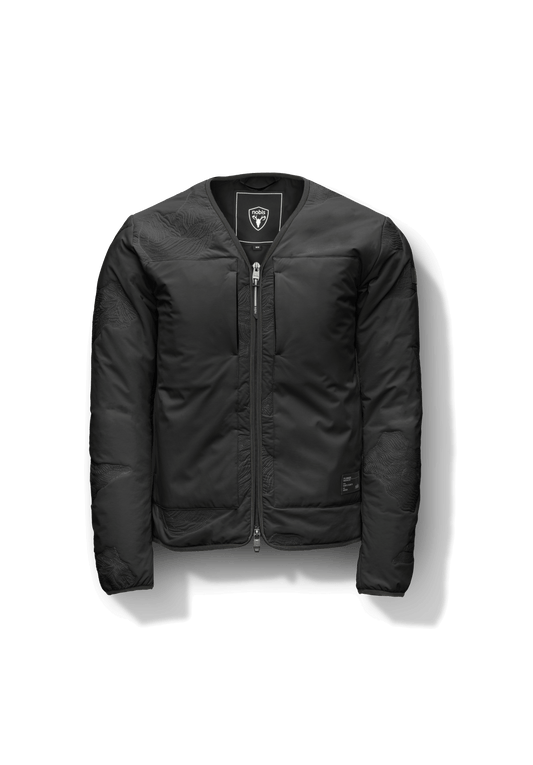 Gates Men's Performance Quilted V-Neck Jacket in hip length, centre front two-way zipper, hidden zipper chest pockets, side entry waist pockets, in Black + Black