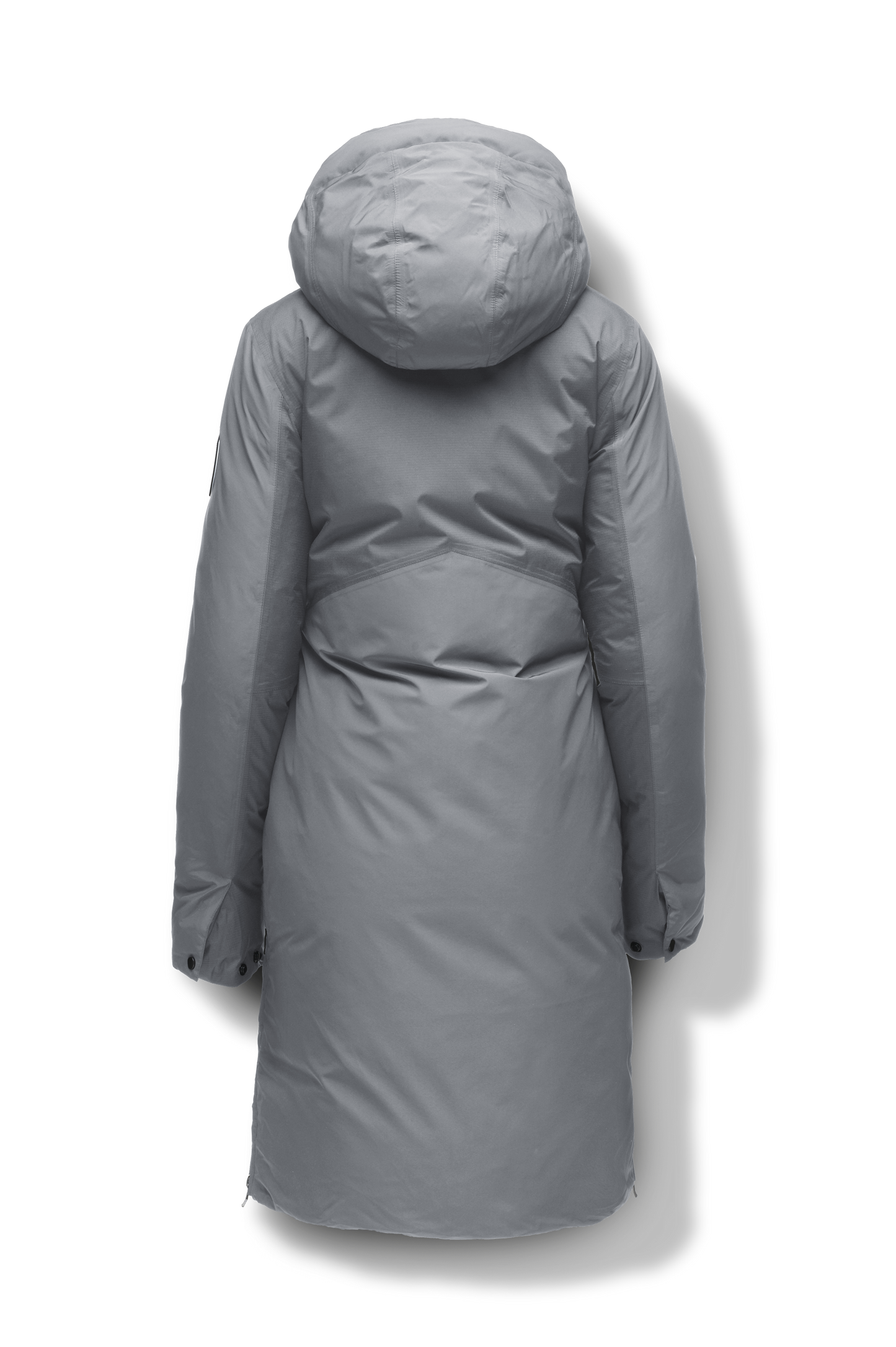 Inara Women's Performance Parka in knee length, premium 3-ply micro denier and stretch ripstop fabrication with DWR coating, Premium Canadian White Duck Down insulation, non-removable down-filled hood, centre front two-way zipper, large vertical zipper pockets along waist, zipper vents along bottom side hem, in Concrete