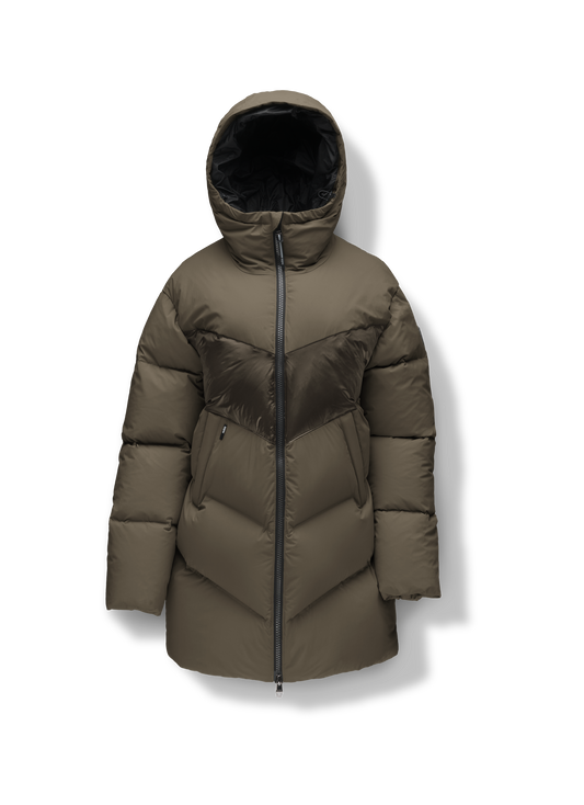 Isla Women's Chevron Quilted Puffer Jacket in thigh length, premium technical nylon taffeta fabrication, Premium Canadian origin White Duck Down insulation, non-removable down-filled hood, two-way centre-front zipper, zipper pockets at waist, contrast cire technical nylon taffeta detailing on chest and back, in Fatigue + Fatigue