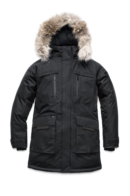 Men's thigh length down-filled parka with removable hood and removable coyote fur trim in Black + Black