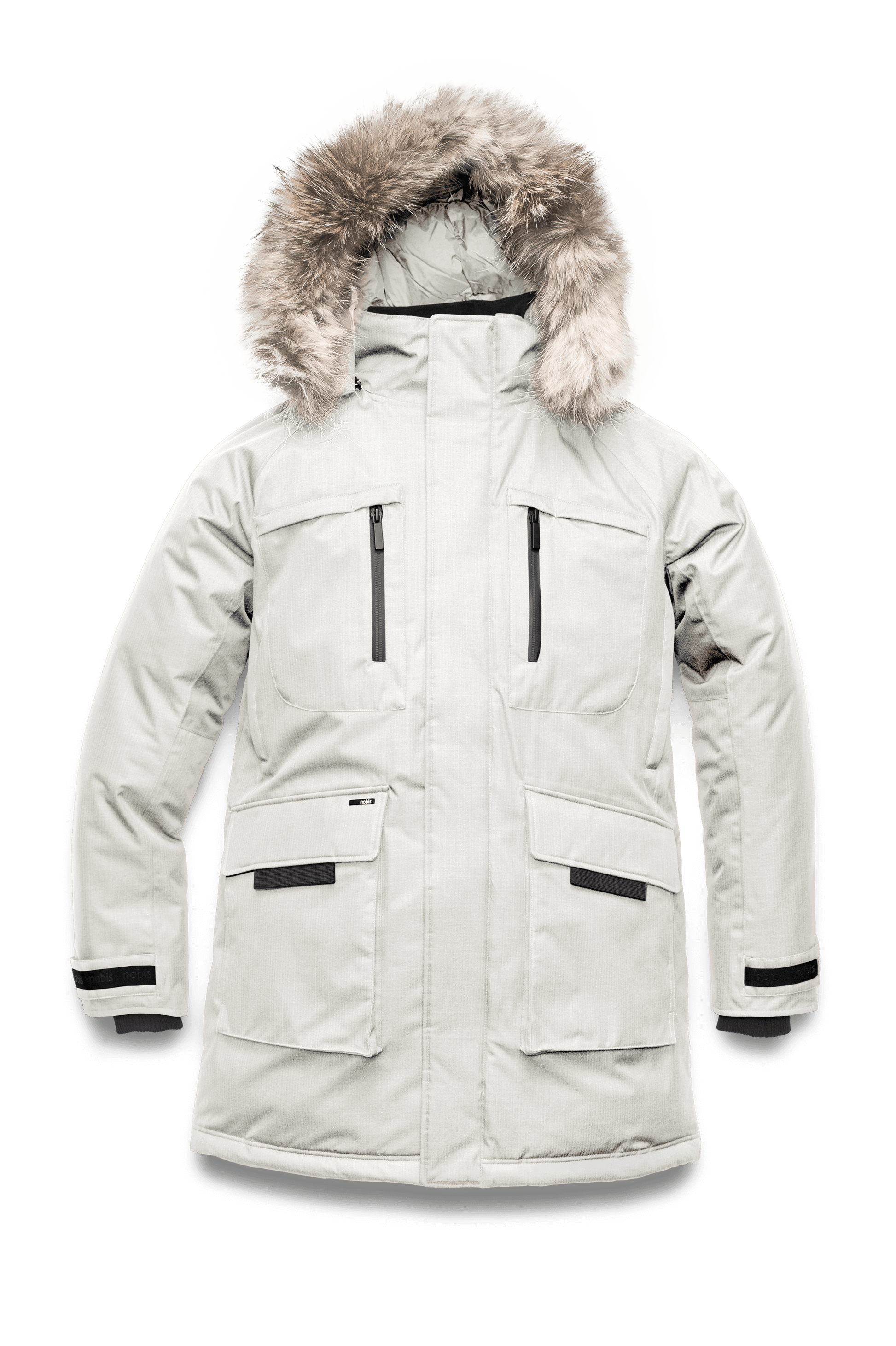Men's thigh length down-filled parka with removable hood and removable coyote fur trim in Chalk