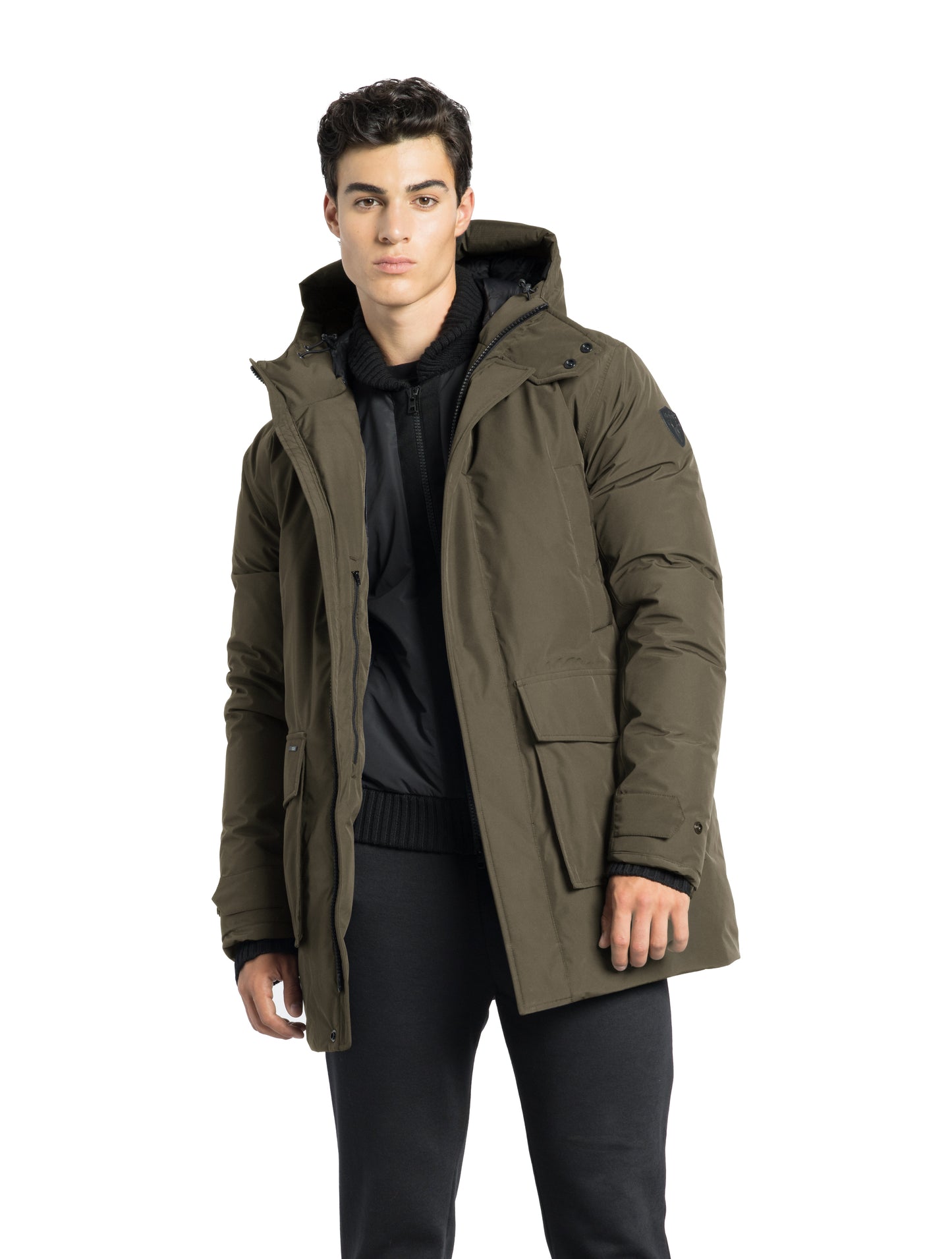 Kason Men's Light Down Parka in thigh length, premium 3-ply micro denier and stretch ripstop fabrication, Premium Canadian origin White Duck Down insulation, non-removable down-filled hood, two-way centre-front zipper, magnetic closure wind flap, fleece-lined pockets at chest and waist, flap pockets at waist, pit zipper vents, in Fatigue