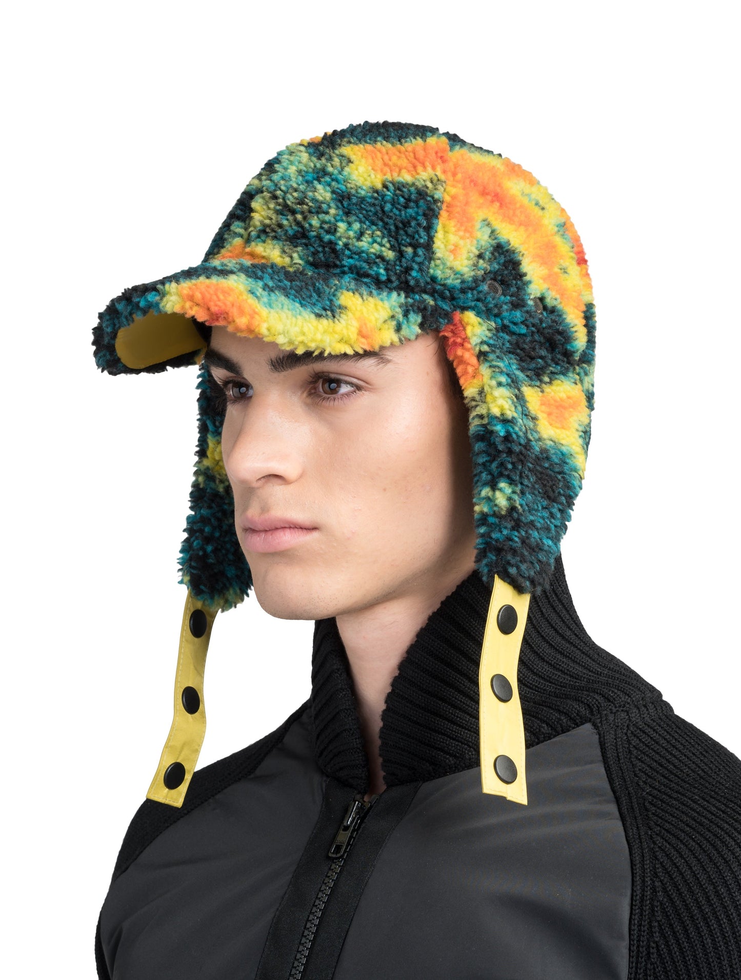 Knox Unisex Berber Ball Cap with Ear Flaps in premium berber fabrication at body, with premium cire technical nylon taffeta at straps and underbrim, ear flaps with adjustable snap button closure straps, and an elastic sweatband, in Heat Map