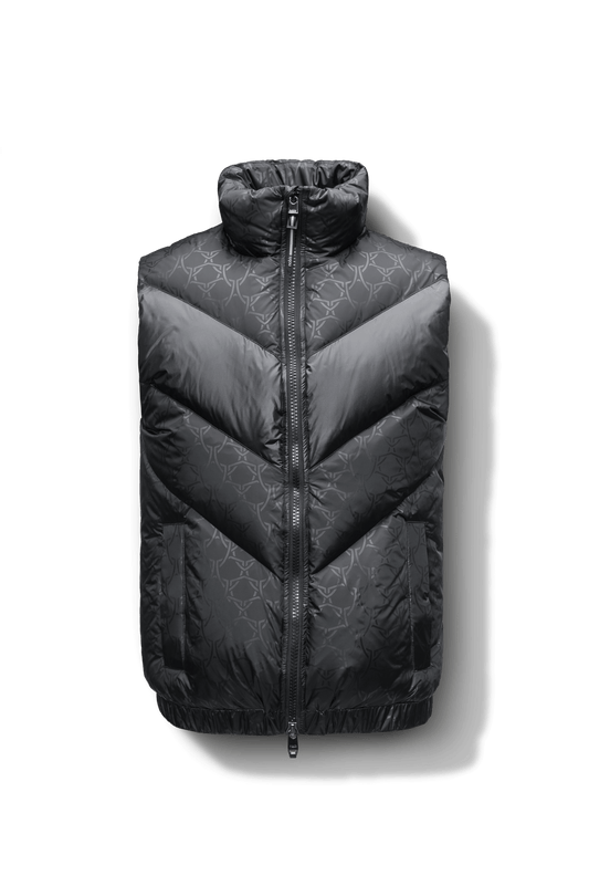 Kylo Men's Chevron Quilted Vest in hip length, premium cire technical nylon taffeta fabrication, Premium Canadian origin White Duck Down insulation, two-way centre-front zipper, fleece-lined pockets at waist, elasticized waistband, in Shield Monogram + Shield Monogram
