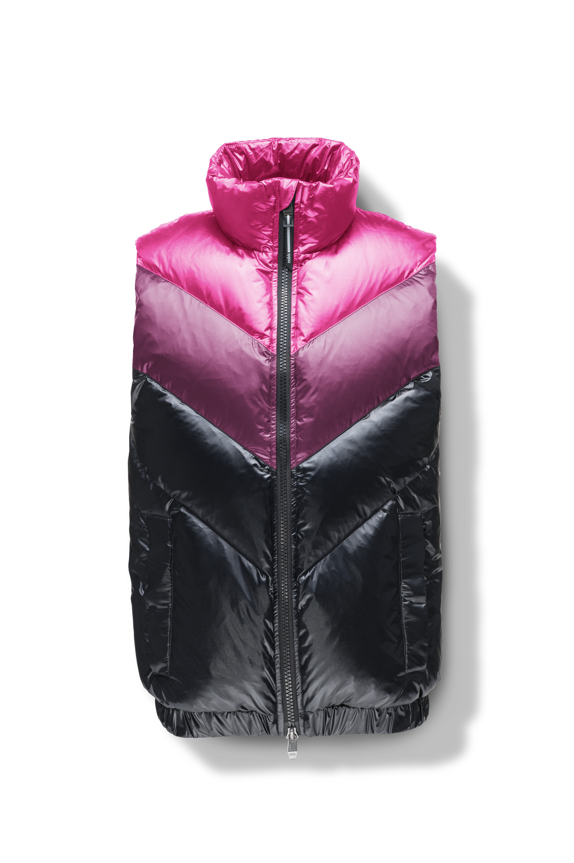 Kylo Men's Chevron Quilted Vest in hip length, premium cire technical nylon taffeta fabrication, Premium Canadian origin White Duck Down insulation, two-way centre-front zipper, fleece-lined pockets at waist, elasticized waistband, in Festival Fuschia/Potent Purple