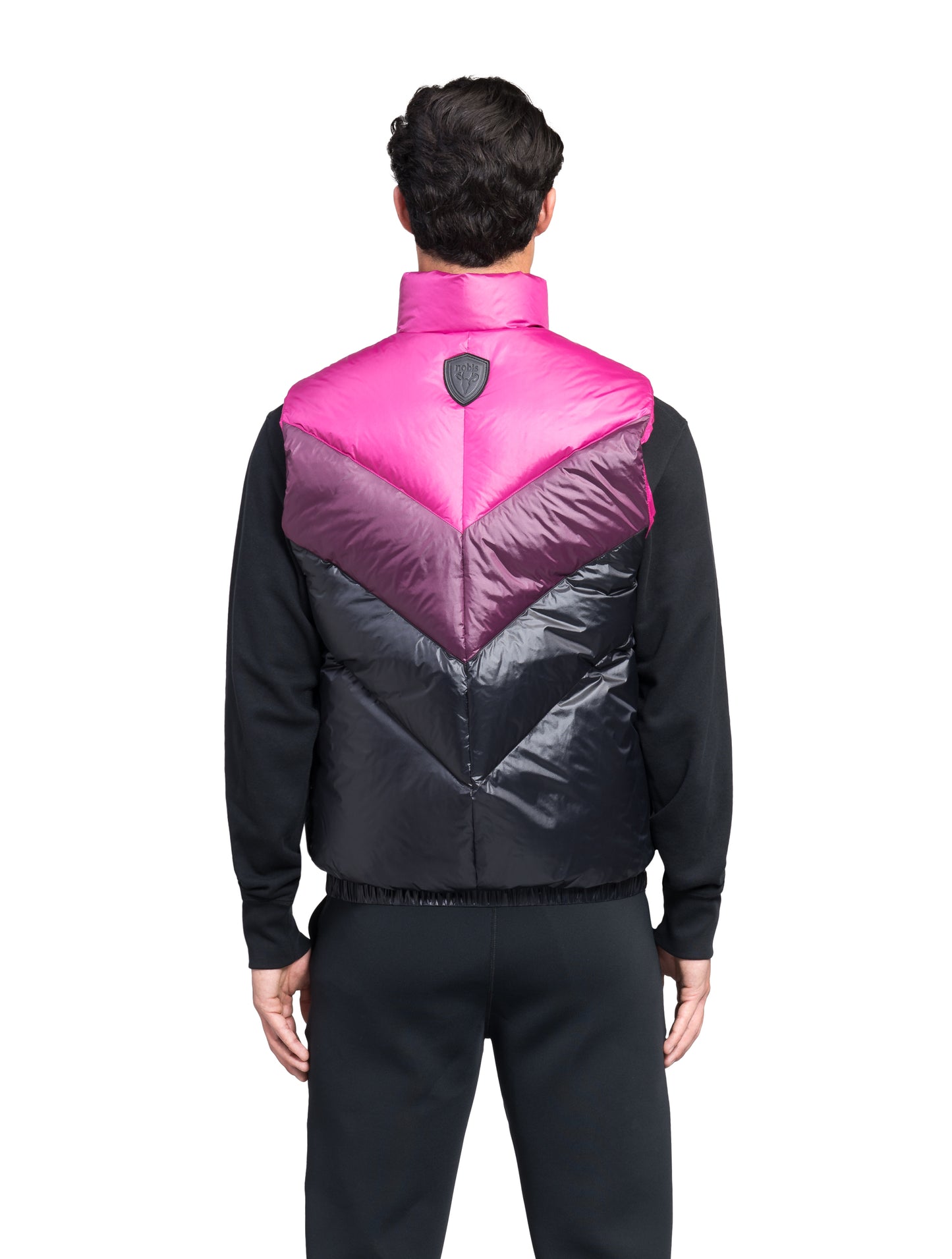 Kylo Men's Chevron Quilted Vest in hip length, premium cire technical nylon taffeta fabrication, Premium Canadian origin White Duck Down insulation, two-way centre-front zipper, fleece-lined pockets at waist, elasticized waistband, in Festival Fuschia/Potent Purple