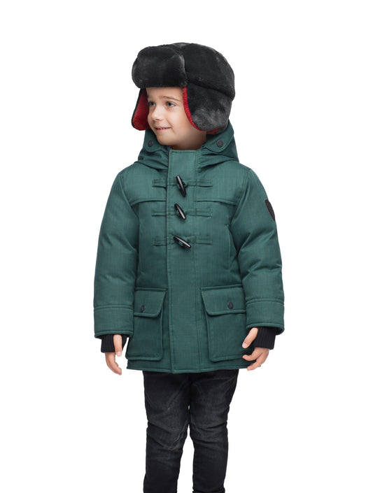 Kid's thigh high down coat with toggle closures in CH Forest + CH Forest