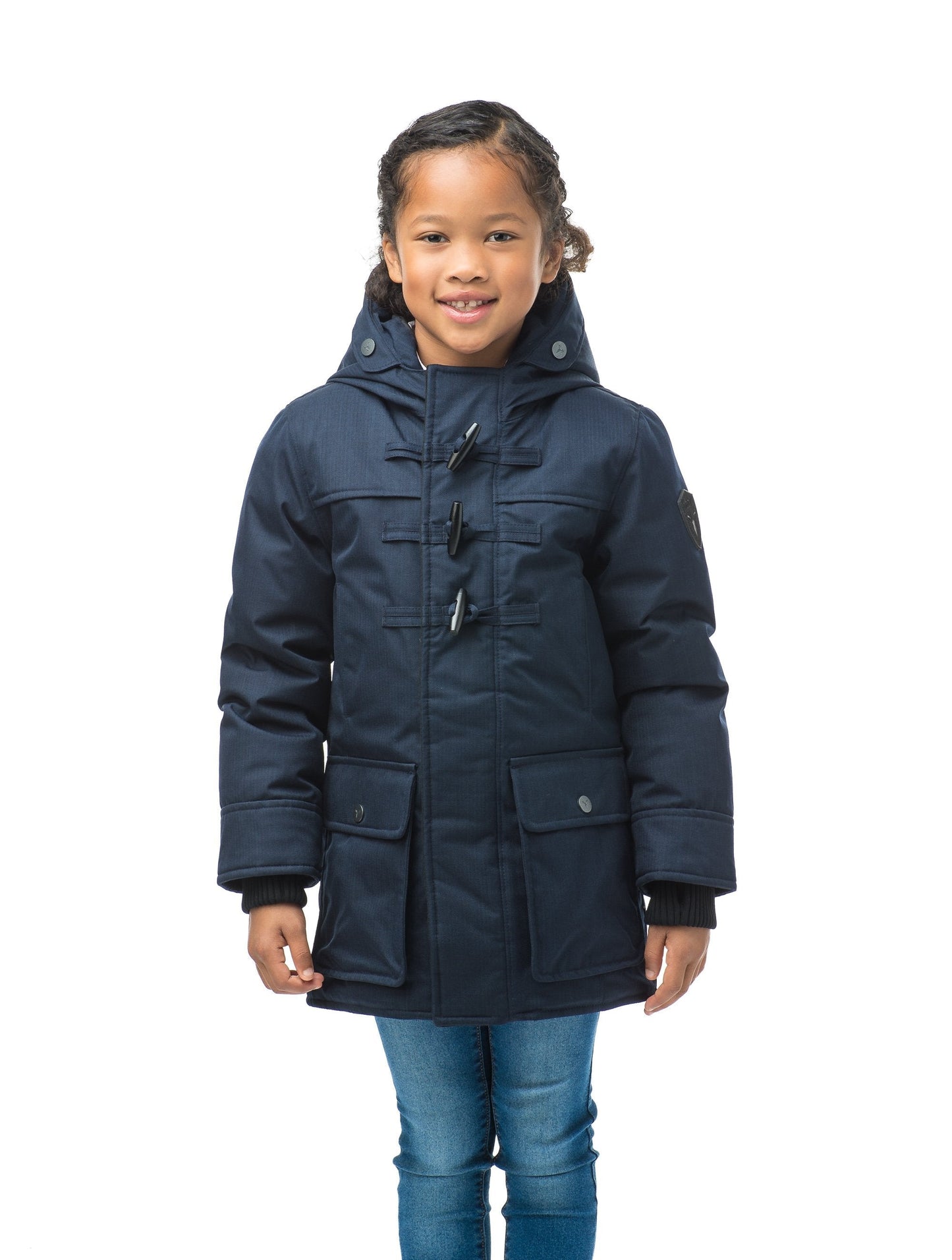 Kid's thigh high down coat with toggle closures in CH Navy