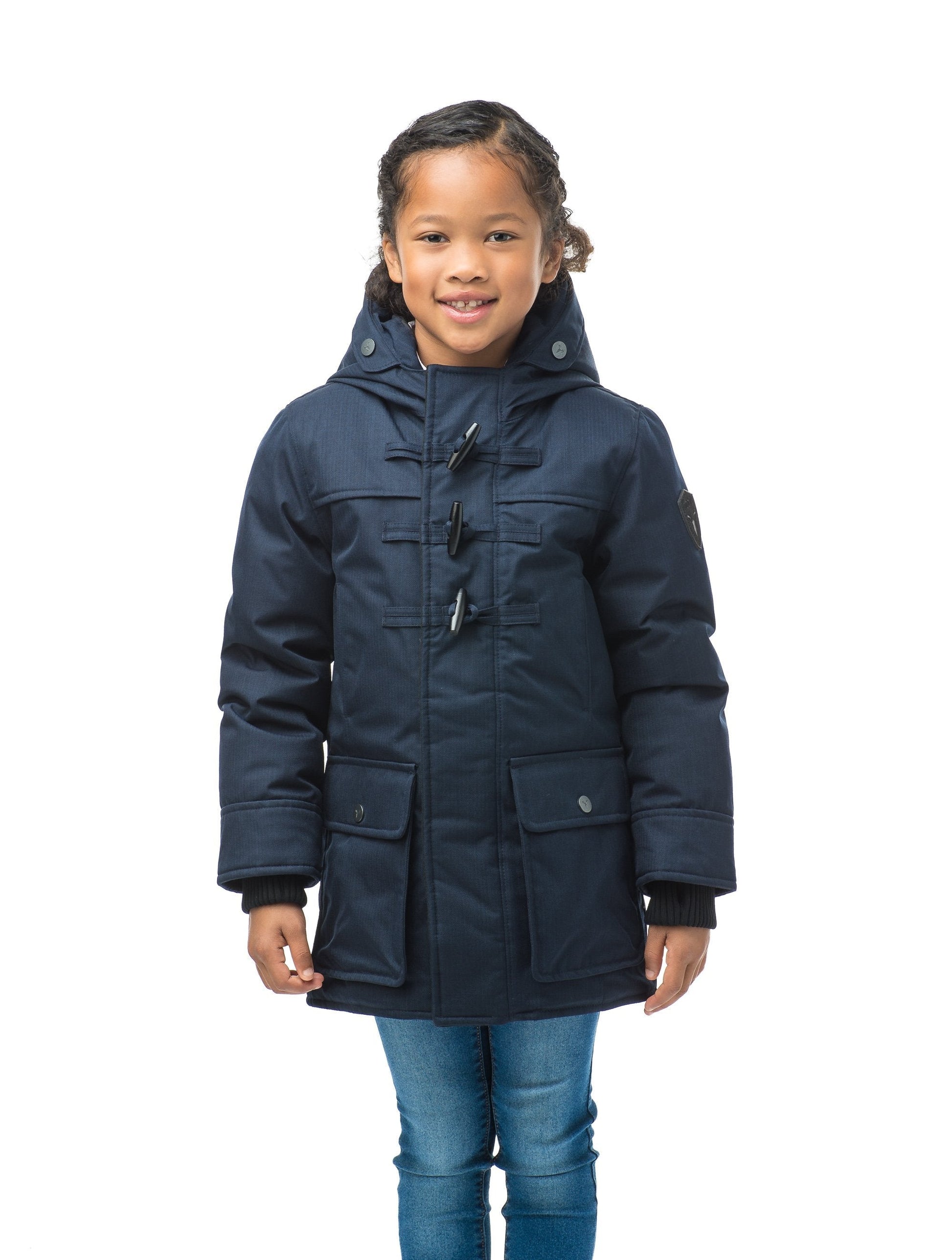 Kid's thigh high down coat with toggle closures in CH Navy