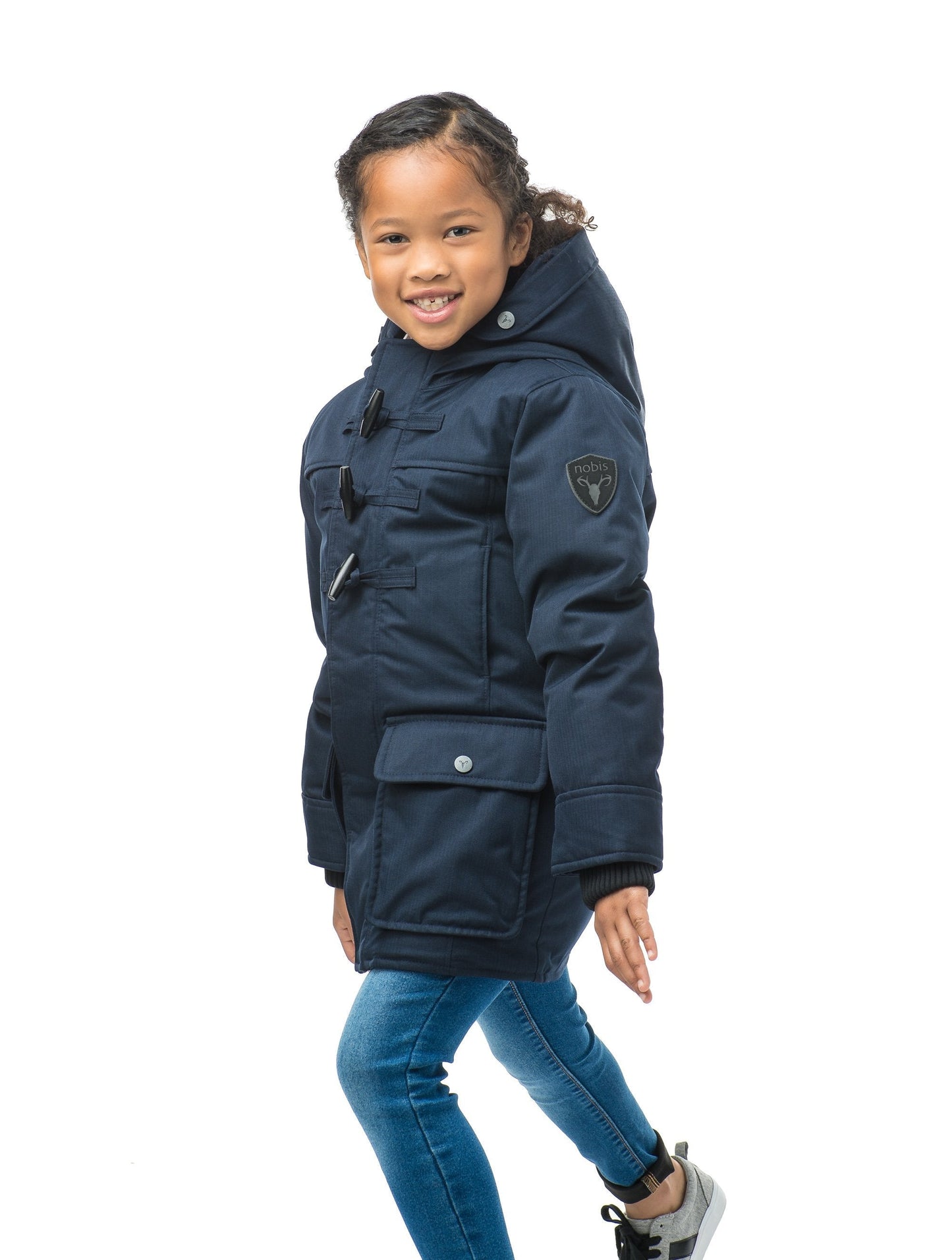 Kid's thigh high down coat with toggle closures in CH Navy