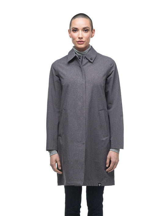 Women's thigh length collared rain jacket in Dk Grey + Dk Grey