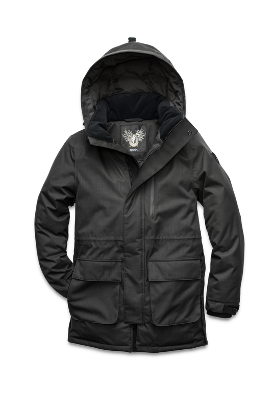 Mid weight men's down filled parka with two patch pockets at the hip and snap closure side vents in Black + Black