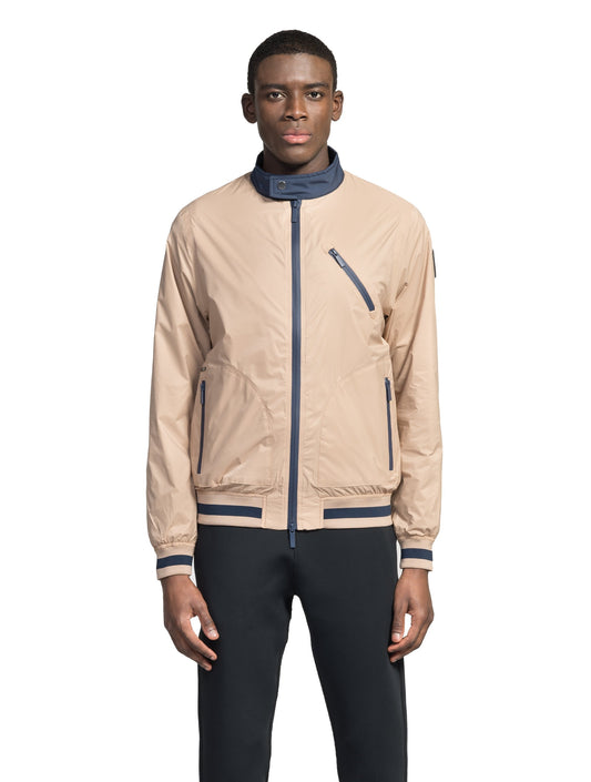 Men's lightweight taffeta bomber jacket with dark contrast trim in Fawn + Fawn